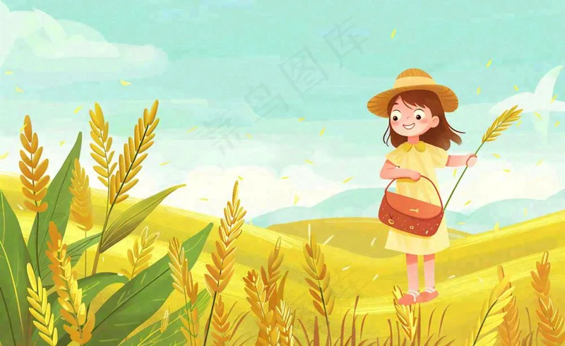 秋天丰收季节小麦稻田金色女孩抱着麦穗秋分立秋插画背景(1408x864)