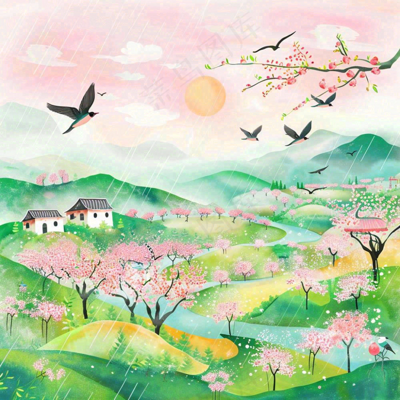 春天春分春暖花开江南山林桃花国画徽式建筑古风水墨插画背景(1024x1024)