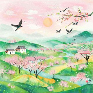 春天春分春暖花开江南山林桃花国画徽式建筑古风水墨插画背景