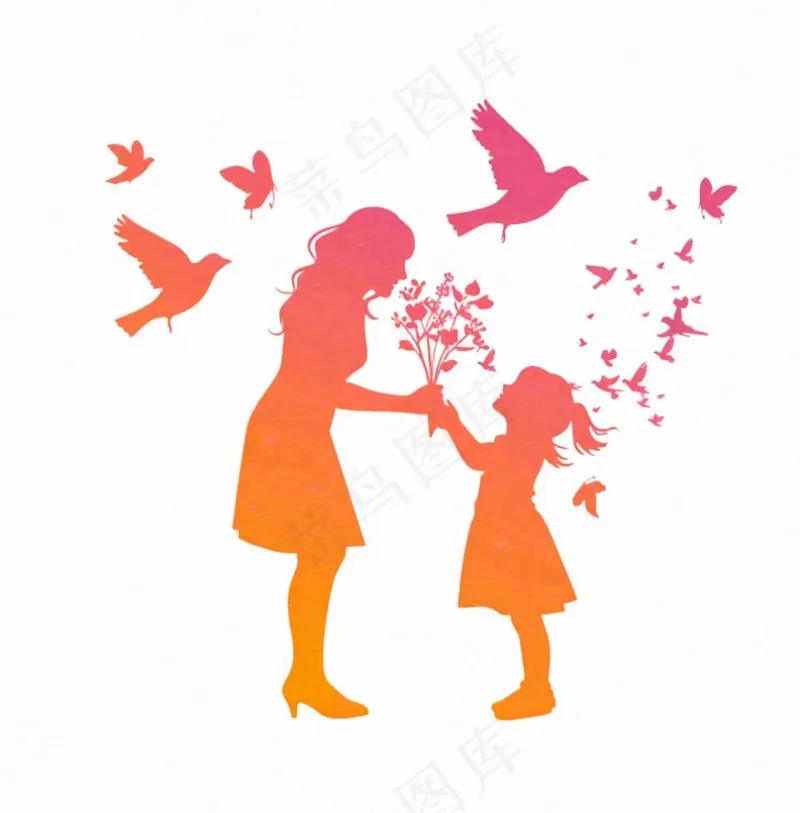母亲节送花女儿给妈妈剪影亲情人物插画免抠(1024x1040)
