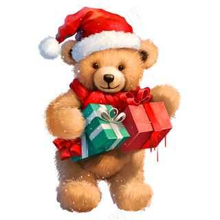 免抠抱着礼物的圣诞卡通棕色小熊