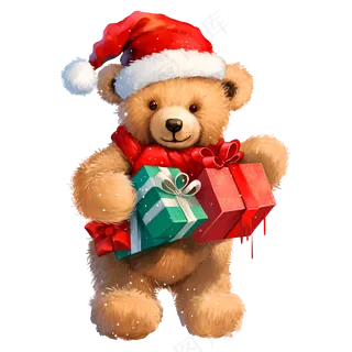 免抠抱着礼物的圣诞卡通棕色小熊