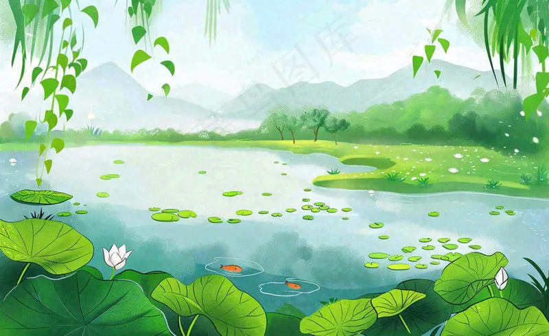 春夏风景湖泊荷花柳树立夏小暑夏至插画背景(1408x864)