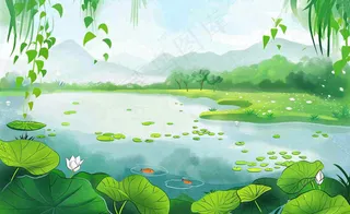 春夏风景湖泊荷花柳树立夏小暑夏至插画背景