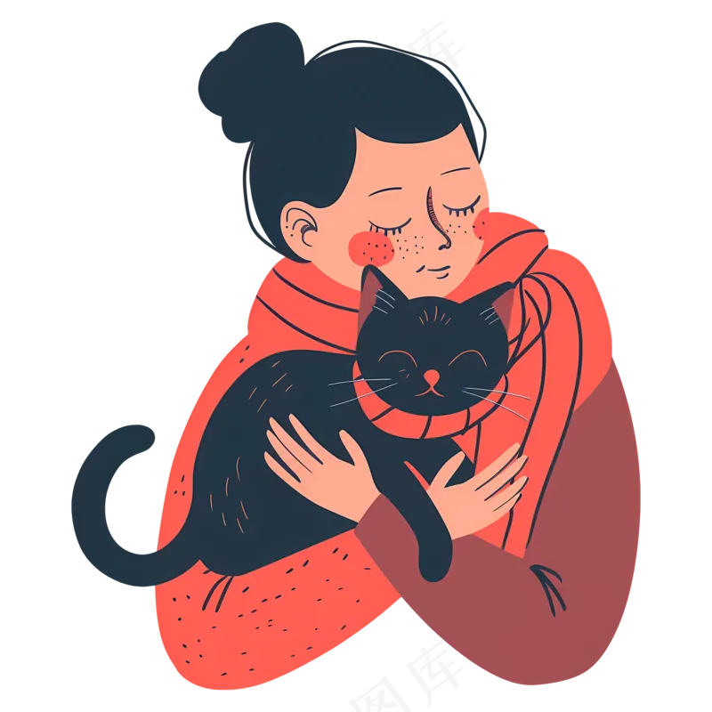 免抠手绘抱着猫的女孩