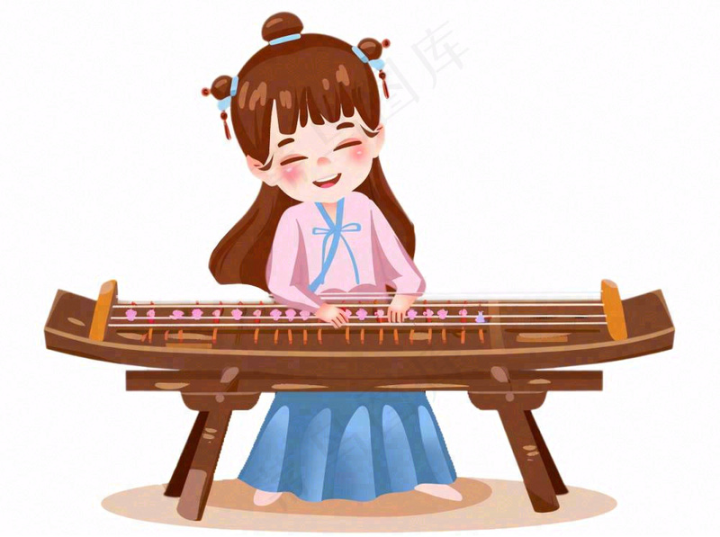 中国传统乐器弹奏古筝琵琶中国风古装女孩卡通插画免抠(1264x944)