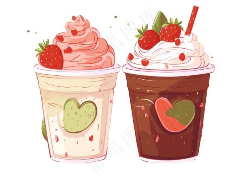抹茶草莓奶茶奶油夏日清凉饮品卡通手绘插画免抠(1232x928)