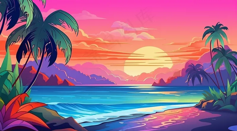 夏日海滩椰子树海浪卡通插画背景(4416x2448)