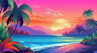 夏日海滩椰子树海浪卡通插画背景