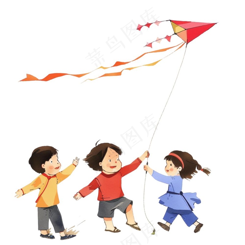 放风筝的孩子欢乐童年卡通插画免抠(1024x1024)