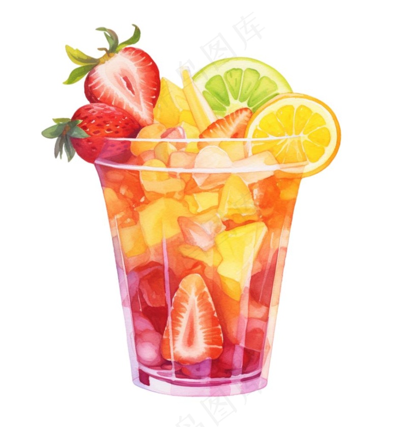 水果茶饮料草莓菠萝橙子柠檬水彩画手绘卡通插画免抠(1024x1072)