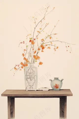 古风书桌台面花瓶花枝水墨画背景