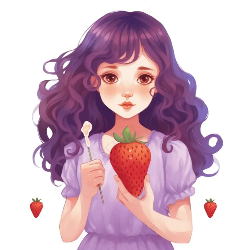 少女拿着草莓紫色衣裙美丽可爱人物卡通插画免抠(1024x1056)