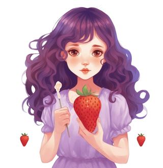 少女拿着草莓紫色衣裙美丽可爱人物卡通插画免抠