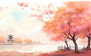 秋季枫叶晚亭山水湖面倒影美景中国风水墨画插画背景