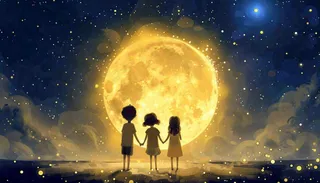 中秋满月小孩手拉手赏月治愈梦幻唯美月亮夜晚水彩插画背景