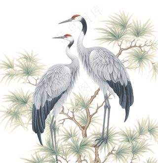 一对仙鹤站在松树上古风插画免抠