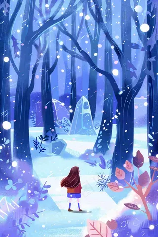 冬天女孩走进白雪下的森林紫色冬至大雪卡通插画背景