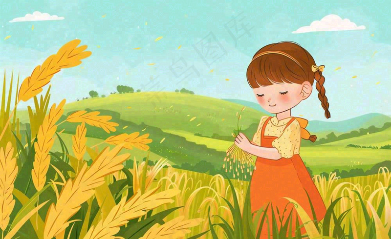 秋收秋天女孩在麦田麦穗芒种立秋秋分卡通插画背景(1408x864)