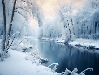 冬季雪山深处河流白雪覆盖的森林摄影图