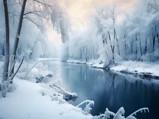 冬季雪山深处河流白雪覆盖的森林摄影图