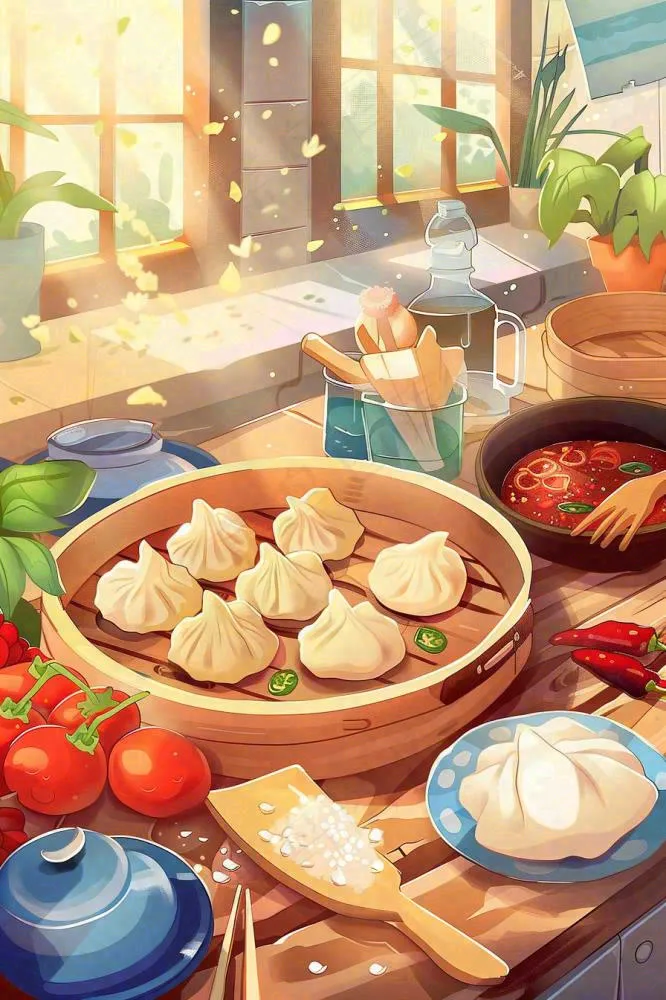 中国传统美食饺子蘸料冬天节日冬至插画背景(896x1344)