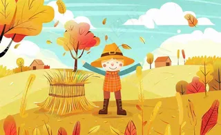 金秋稻田麦田稻草人秋风瑟瑟落叶立秋秋分处暑卡通插画背景