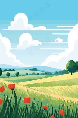 春天草坪花草盛开山野里绿色卡通插画背景