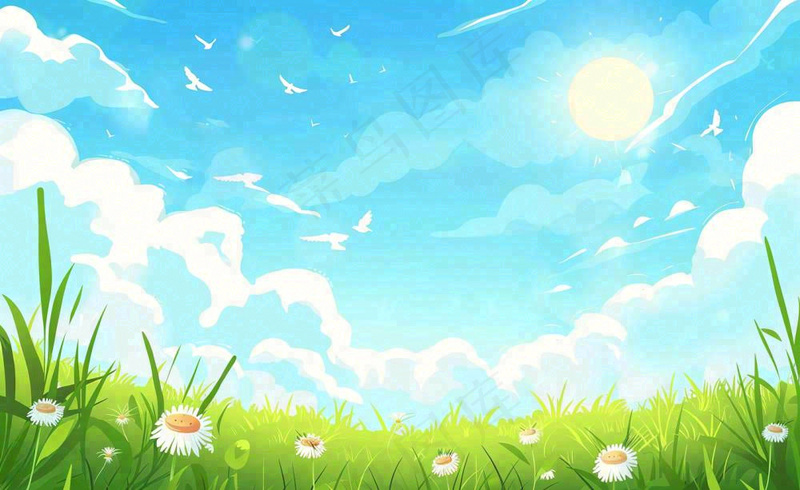 春天绿色草地草丛蓝天白云立春春分惊蛰节气卡通插画背景(1408x864)