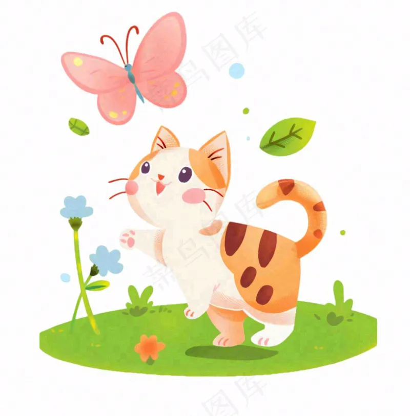 可爱的猫咪宠物草丛扑蝴蝶卡通插画免抠(1024x1040)