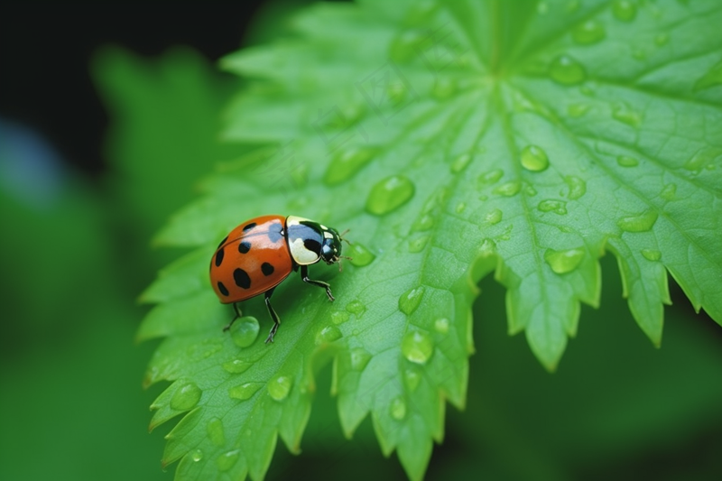 绿叶上的七星瓢虫特写摄影图