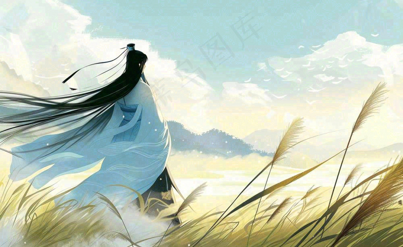 古风小清新手绘白露插画山下芦苇与古装男仙侠插画背景(1408x864)