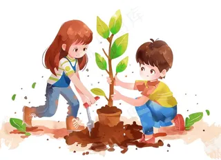 植树节学生们植树浇水爱护环境卡通插画免抠