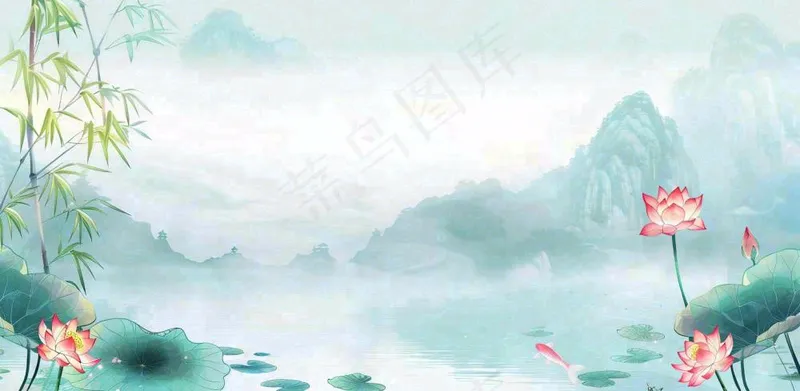 绿色荷花荷叶山水船立夏天夏至中式手绘风景中国风国画大暑小暑插画背景(1568x768)