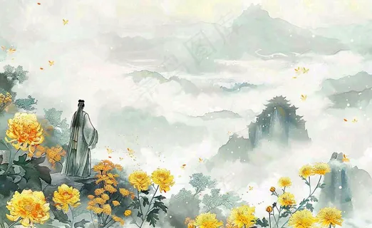 秋天古风水墨画山川菊花古风人物端午清明中秋重阳插画背景