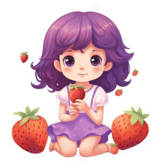 少女拿着草莓紫色衣裙美丽可爱人物卡通插画免抠