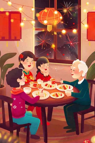 新年除夕夜团圆饭节日喜庆过年团聚一家人春节插画背景