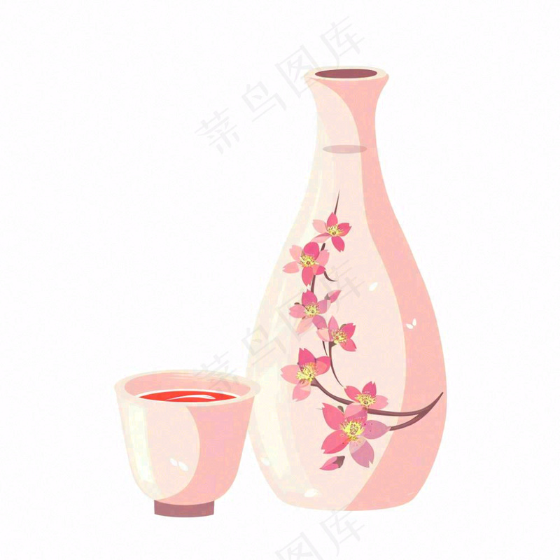 粉色樱花烧酒瓶酒杯水彩插画免抠(1024x1024)