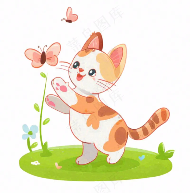 可爱的猫咪宠物草丛扑蝴蝶卡通插画免抠(1024x1040)