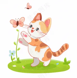 可爱的猫咪宠物草丛扑蝴蝶卡通插画免抠