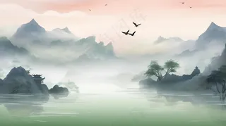 国风山水山峰云层水墨画丹青插画背景