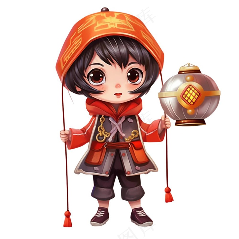 新年儿童拜年张灯结彩国潮春节红色手绘卡通插画免抠