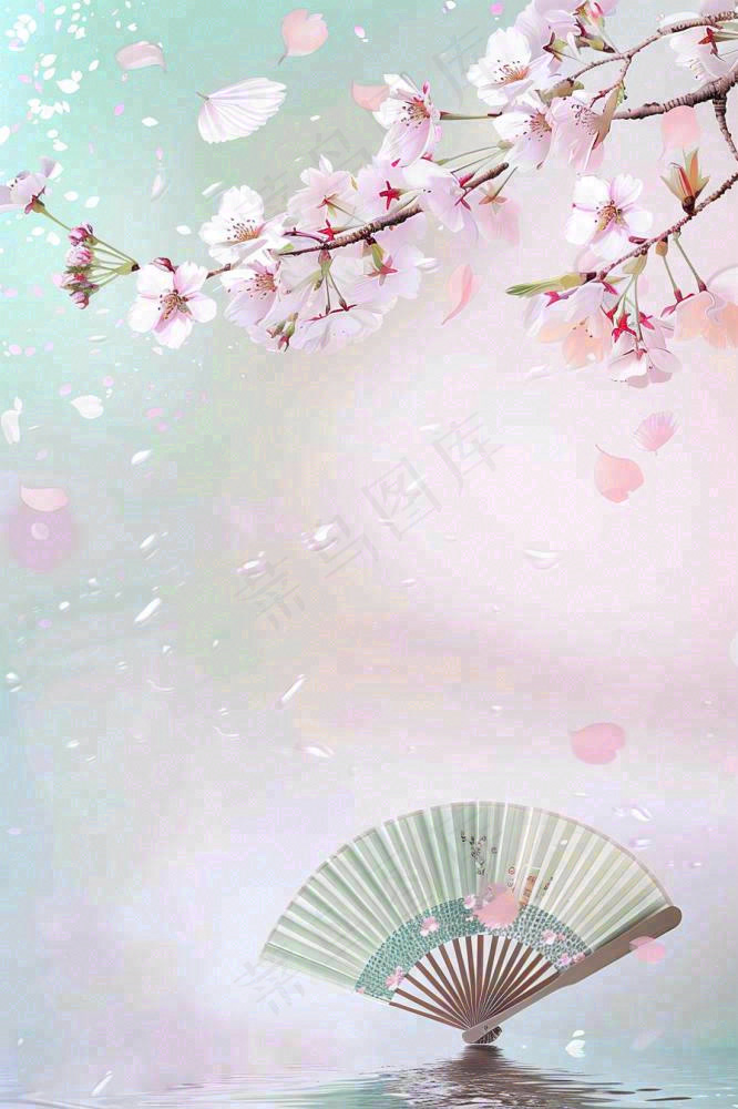 绿色清新春天唯美樱花扇子水彩插画背景