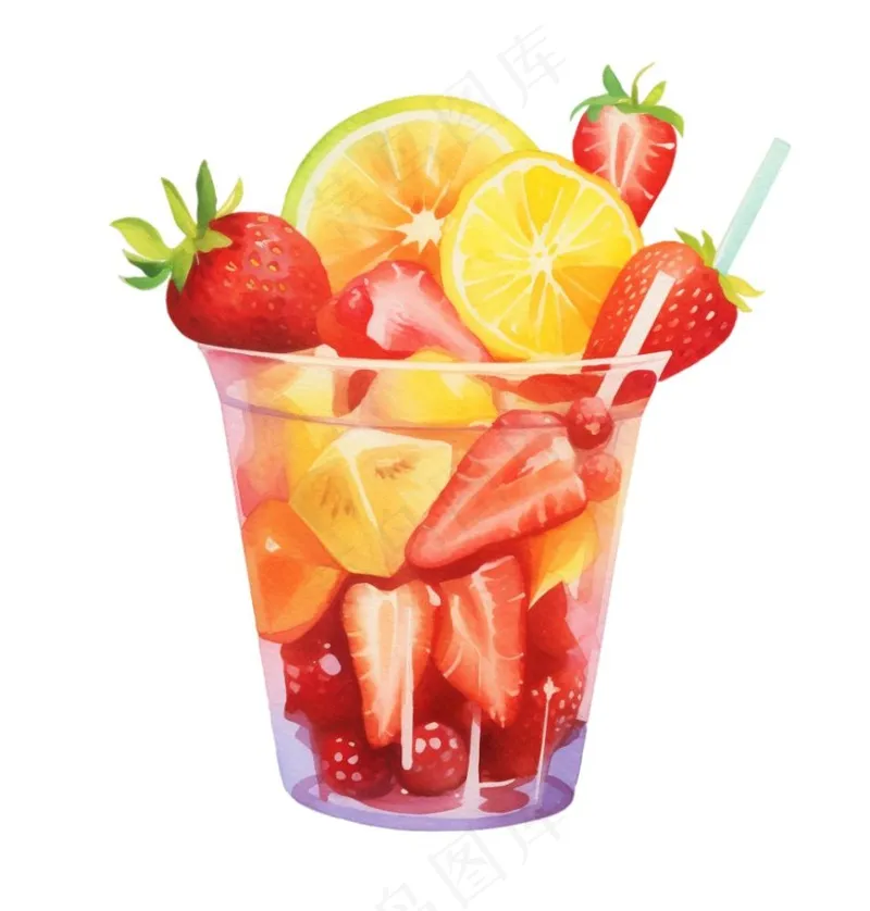 水果茶饮料草莓菠萝橙子柠檬水彩画手绘卡通插画免抠(1024x1072)