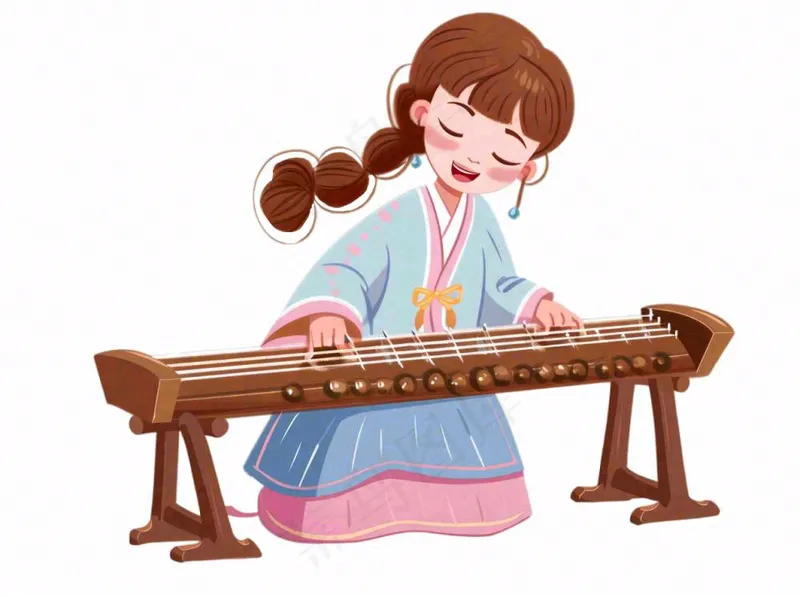 中国传统乐器弹奏古筝琵琶中国风古装女孩卡通插画免抠(1264x944)