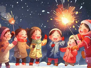 孩童儿童一起放烟花场景开心热闹庆祝新年春节小年除夕夜卡通插画