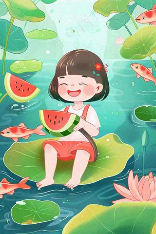 夏天荷花莲花池塘女孩吃西瓜坐着荷叶上唯美清凉立夏夏至卡通插画背景