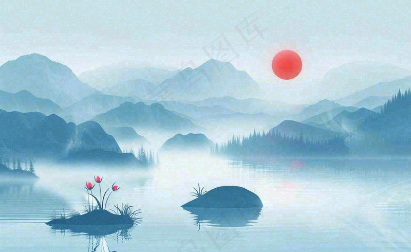 中国风水墨画山水画寒露插画背景(1408x864)