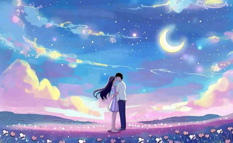 浪漫夜晚月光下花丛里的恋人情侣相拥梦幻场景七夕情人节卡通插画背景(1408x864)