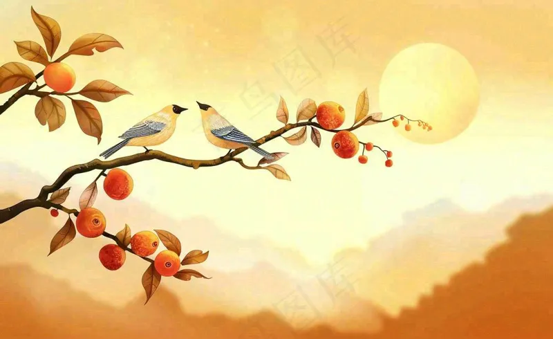 秋天柿子树枝条的小鸟夕阳西下日出金秋秋分立秋重阳插画背景(1408x864)